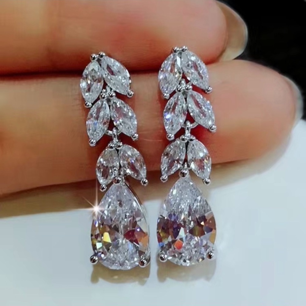 Feminine Bridal Crystal Four Tier Leaf & Tear Drop Chandelier Earrings - Picture 2 of 3